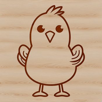 Simple line drawing of a cute farm animal, a young chick standing on a grassy ground.
