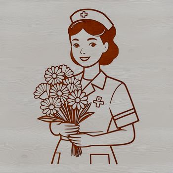 Female nurse in a white uniform with floral pattern.