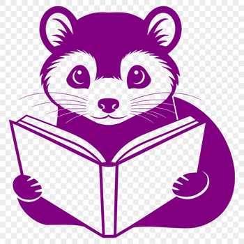 A ferret sitting on a cushion with a book in its paws.