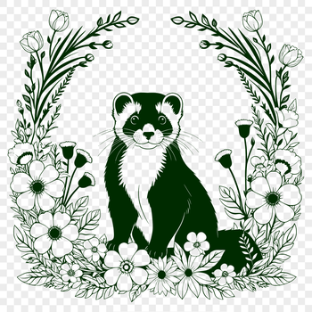 A ferret standing in a floral setting.