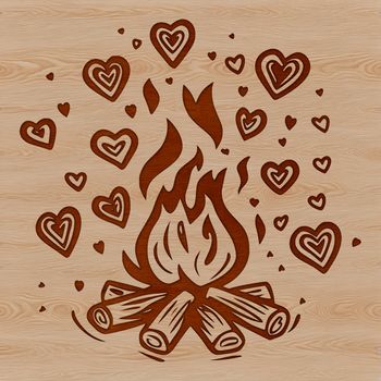 A camp fire illustration featuring flames with love hearts in the design.