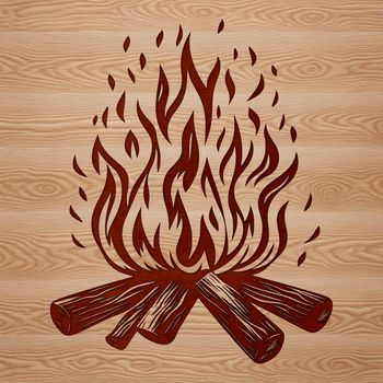 A stylized illustration of a roaring camp fire surrounded by flames in the outdoors.