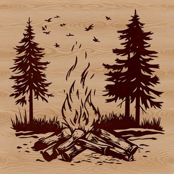 A digital illustration of a camp fire with flames burning in a ring of stones.