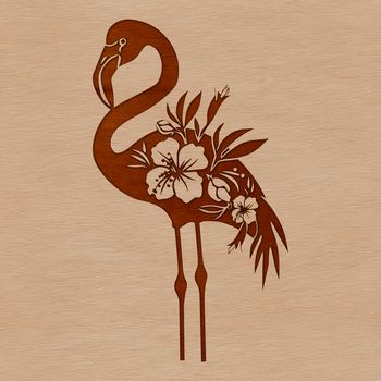 A stylized digital illustration of a single flamingo standing in a grassy landscape.