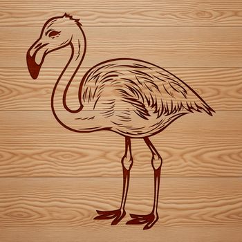 Vector art design featuring a single flamingo with long neck and legs against a simple background.