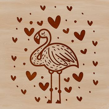 A stylized illustration of a flamingo bird with love hearts surrounding its body.