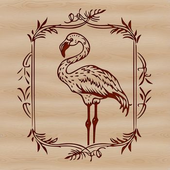 A stylized illustration of a flamingo standing on one leg in a savannah environment.