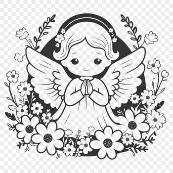 A minimalist illustration of a winged angel with floral details, created as a vector graphic in SVG format.