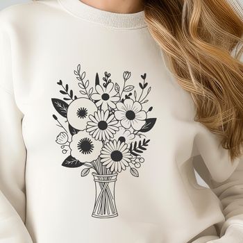A vector illustration of assorted blooms grouped together in a decorative floral pattern.
