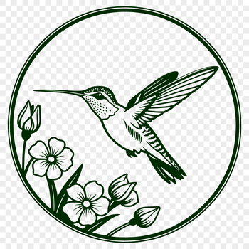 A colorful hummingbird in flight above a floral background.
