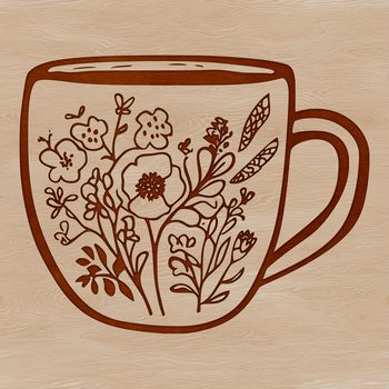 A simple design illustration of a coffee cup with a floral pattern.