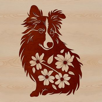 A small, agile Shetland sheepdog breed sitting on a floral patterned background.