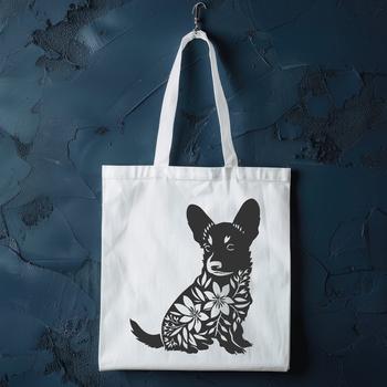 A sitting Welsh Corgi breed dog with a floral patterned background.