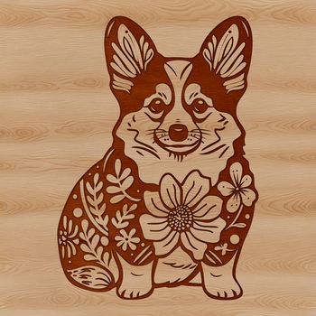Illustrated Welsh Corgi sitting in front of a floral background.