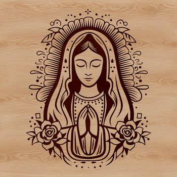 Vector artwork of Our Lady of Guadalupe, featuring intricate designs in a Catholic iconographic theme.