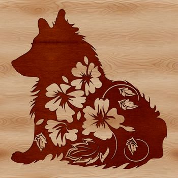 Image of a lying down Shetland sheepdog surrounded by floral patterns.