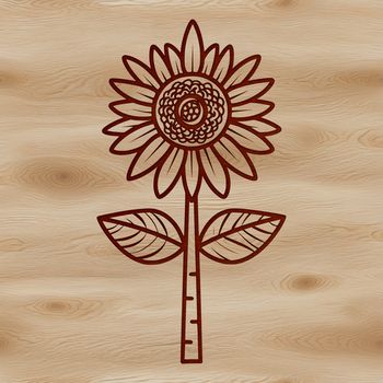 Illustration of a single sunflower in a garden setting with green foliage.