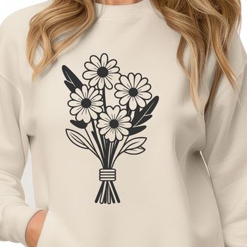 A stylized floral arrangement featuring a collection of flowers tied together with a ribbon.