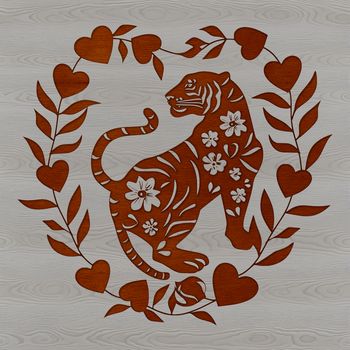 A stylized illustration of a tiger sitting on a floral design, incorporating ornate details.