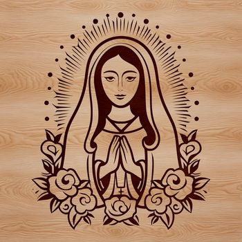 A traditional depiction of the Virgin Mary with ornate floral patterns and symbolism.