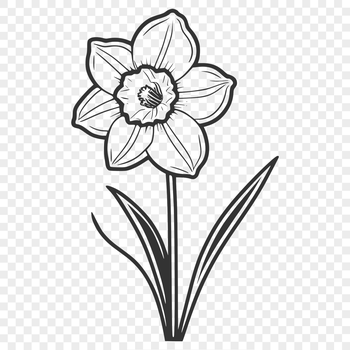 A stylized illustration of a daffodil flower with a yellow trumpet-shaped center and three green petals.