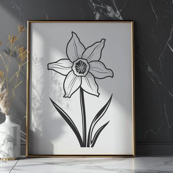 A single daffodil flower with bright yellow trumpet-shaped blooms and green foliage.