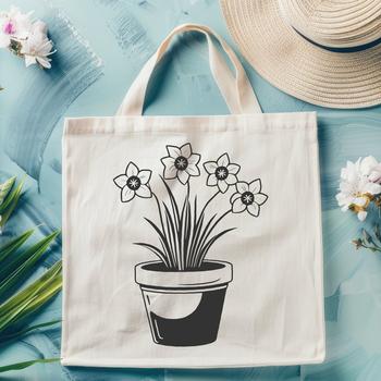 A simple illustration of a daffodil plant in a flower pot, symbolizing the arrival of spring.