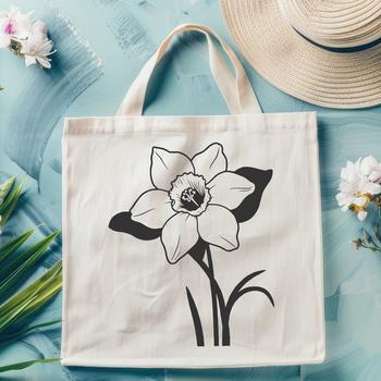 A single white daffodil flower with yellow center, surrounded by green leaves, in a simple illustration style.