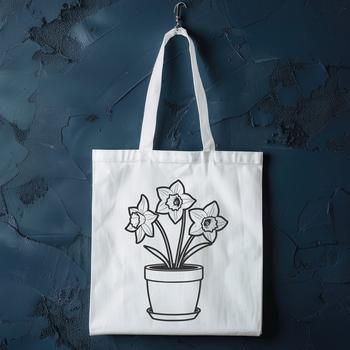 A colorful daffodil flower in a white pot, designed as a vector graphic.