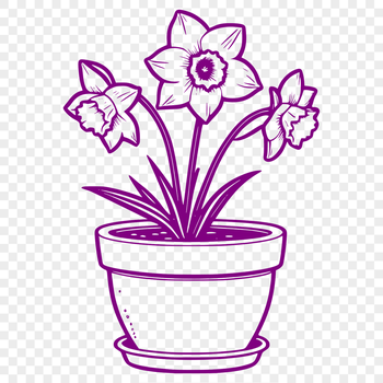 A close-up illustration of a daffodil flower in a small pot.