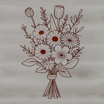 An illustration of a mix-bouquet featuring various types of flowers tied together with ribbon.