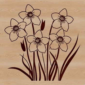 Close-up illustration of a daffodil plant with yellow blooms and green foliage, suitable for use in various graphic designs.