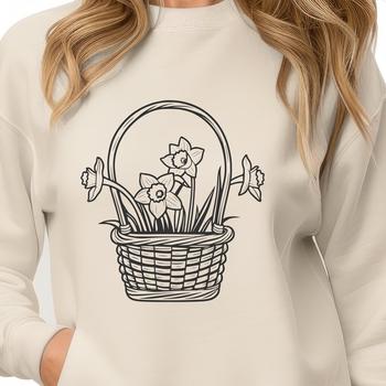 A single white and yellow trumpet-shaped flower with long green stem in a wicker basket.