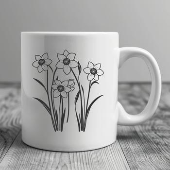 A digital illustration of a daffodil flower with long stem and trumpet-shaped petals.
