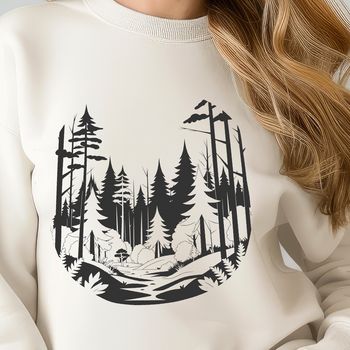 A detailed illustration of a forest landscape with trees, foliage, and sky.