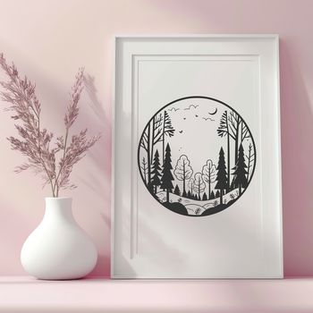 A detailed vector illustration of a forest landscape with multiple trees in various sizes and foliage.