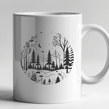 A stylized vector graphic of a lush forest landscape featuring multiple tree types.