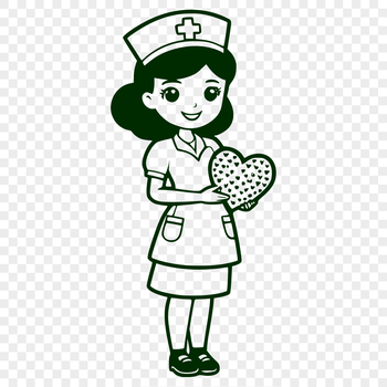 A female nurse in full-body attire, designed as vector art with love hearts incorporated into the design.