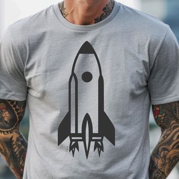 Detailed digital rendering of a rocket ship with metallic surfaces and starry background