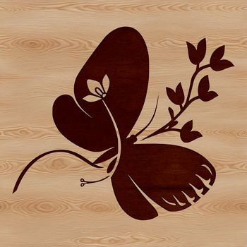 A colorful butterfly in flight above a floral pattern.