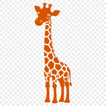 A stylized illustration of a giraffe with long neck and spots.