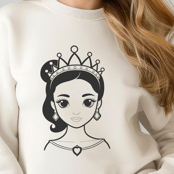 A female character dressed in royal attire, suitable for vector art and cutting machine projects.