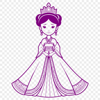A young female princess in a formal gown stands with regal confidence.
