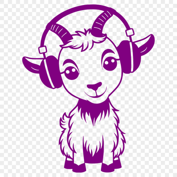 A white goat wearing headphones in a farm setting.
