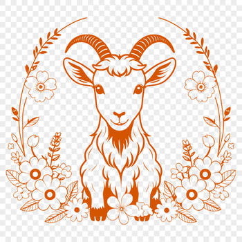 A cartoon-style illustration of a farm animal, featuring a goat in a natural setting.