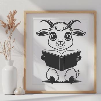 A farm animal, specifically a goat, engaging in a reading activity.