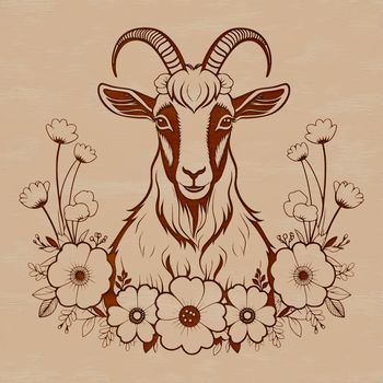 A cartoon goat standing in front of a floral background, illustrating a farm animal.