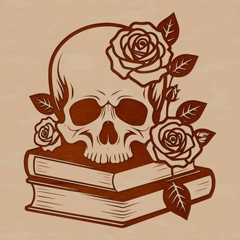 A decorative, illustrated skull with intricate details, suitable for various uses such as clip art or vector design.