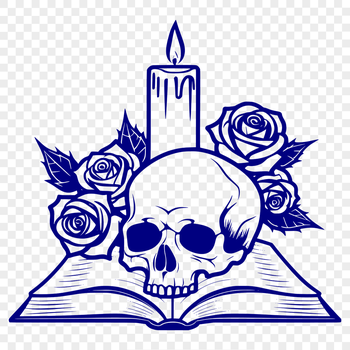 A detailed illustration of a skull adorned with a rose and surrounded by a candle, suitable for crafting and design projects.