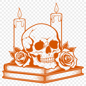 A Gothic-style skull illustration with a candle at its base and a rose tucked into the bone structure.